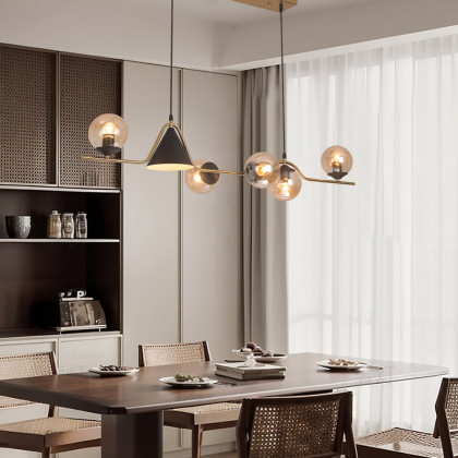 HMR - 6-Light Gold & Black Geometric Rectangular Kitchen Island Light Globe Ceiling Light