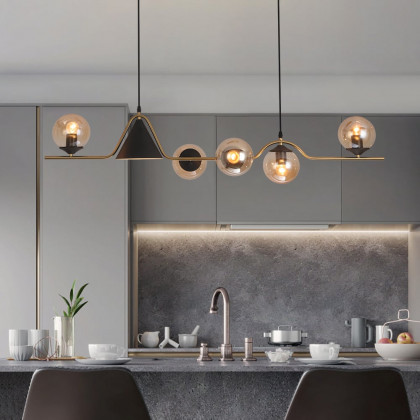 HMR - 6-Light Gold & Black Geometric Rectangular Kitchen Island Light Globe Ceiling Light