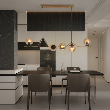 HMR - 6-Light Gold & Black Geometric Rectangular Kitchen Island Light Globe Ceiling Light