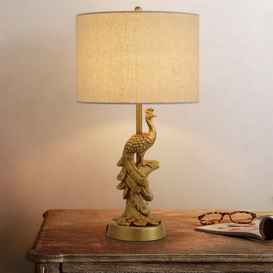 HMR - Mid Century Modern Golden Resin Peacock Table Lamp