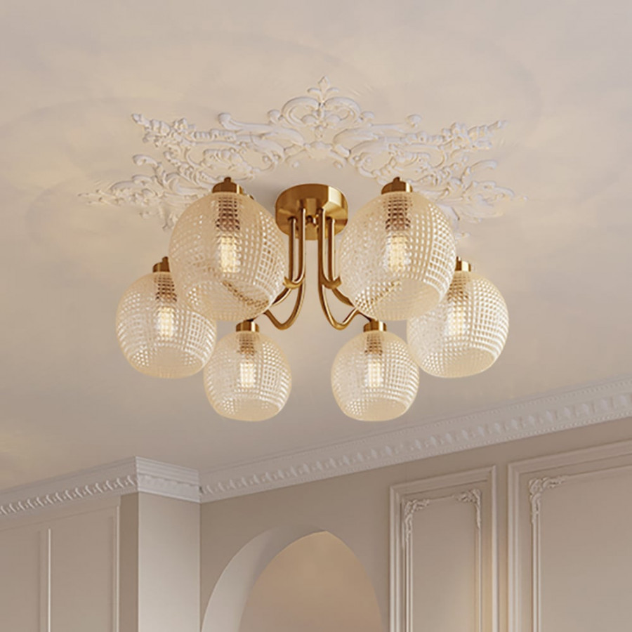 HMR - Retro Gold 6-Bulb Clear Glass Shade Chandelier Globe Semi Flush Mount Ceiling Light