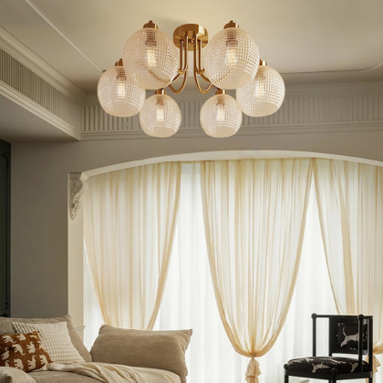 HMR - Retro Gold 6-Bulb Clear Glass Shade Chandelier Globe Semi Flush Mount Ceiling Light