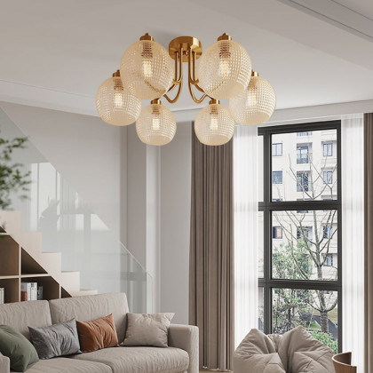 HMR - Retro Gold 6-Bulb Clear Glass Shade Chandelier Globe Semi Flush Mount Ceiling Light