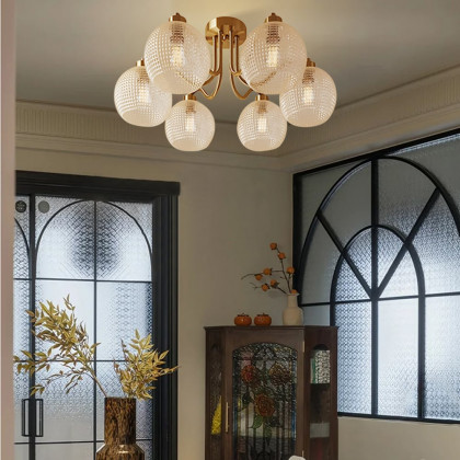 HMR - Retro Gold 6-Bulb Clear Glass Shade Chandelier Globe Semi Flush Mount Ceiling Light