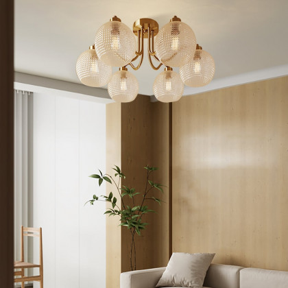HMR - Retro Gold 6-Bulb Clear Glass Shade Chandelier Globe Semi Flush Mount Ceiling Light