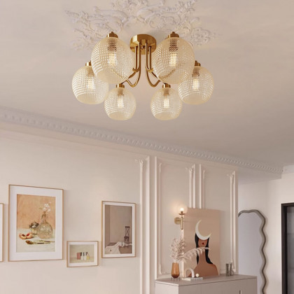 HMR - Retro Gold 6-Bulb Clear Glass Shade Chandelier Globe Semi Flush Mount Ceiling Light