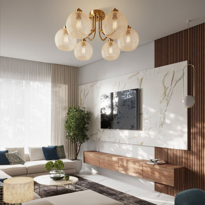 HMR - Retro Gold 6-Bulb Clear Glass Shade Chandelier Globe Semi Flush Mount Ceiling Light