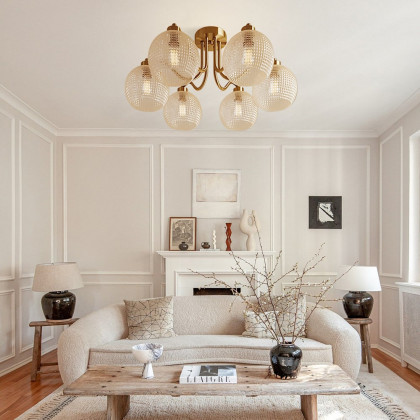 HMR - Retro Gold 6-Bulb Clear Glass Shade Chandelier Globe Semi Flush Mount Ceiling Light