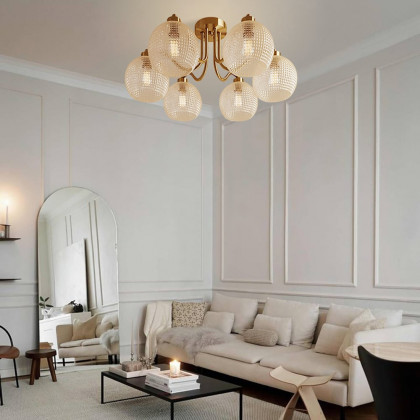 HMR - Retro Gold 6-Bulb Clear Glass Shade Chandelier Globe Semi Flush Mount Ceiling Light