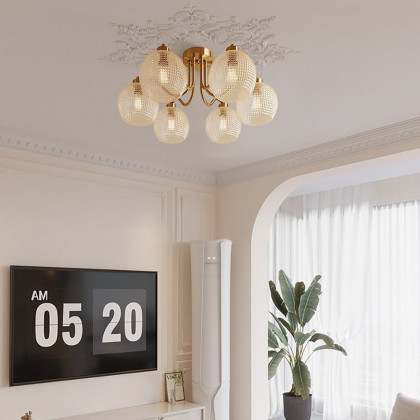 HMR - Retro Gold 6-Bulb Clear Glass Shade Chandelier Globe Semi Flush Mount Ceiling Light