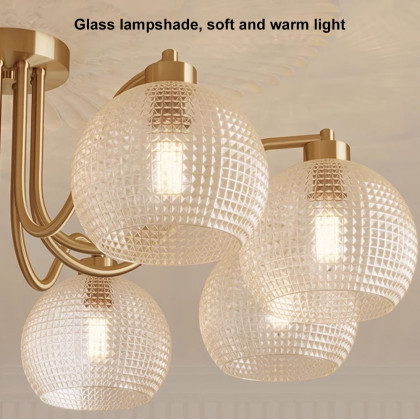 HMR - Retro Gold 6-Bulb Clear Glass Shade Chandelier Globe Semi Flush Mount Ceiling Light