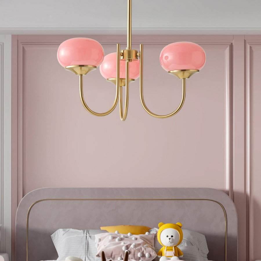 HMR - 3-Light Modern Gold Chandelier Pendant Light with Pink Glass Globe Lamp Shade Decor