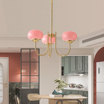 HMR - 3-Light Modern Gold Chandelier Pendant Light with Pink Glass Globe Lamp Shade Decor