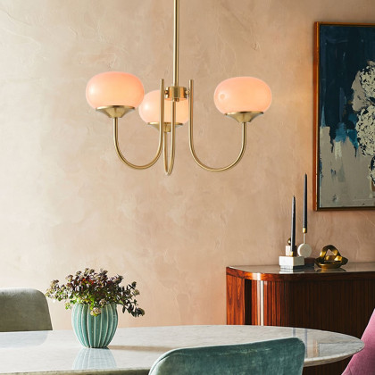 HMR - 3-Light Modern Gold Chandelier Pendant Light with Pink Glass Globe Lamp Shade Decor