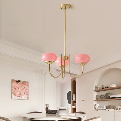 HMR - 3-Light Modern Gold Chandelier Pendant Light with Pink Glass Globe Lamp Shade Decor
