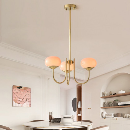 HMR - 3-Light Modern Gold Chandelier Pendant Light with Pink Glass Globe Lamp Shade Decor