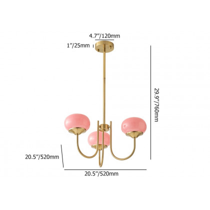 HMR - 3-Light Modern Gold Chandelier Pendant Light with Pink Glass Globe Lamp Shade Decor