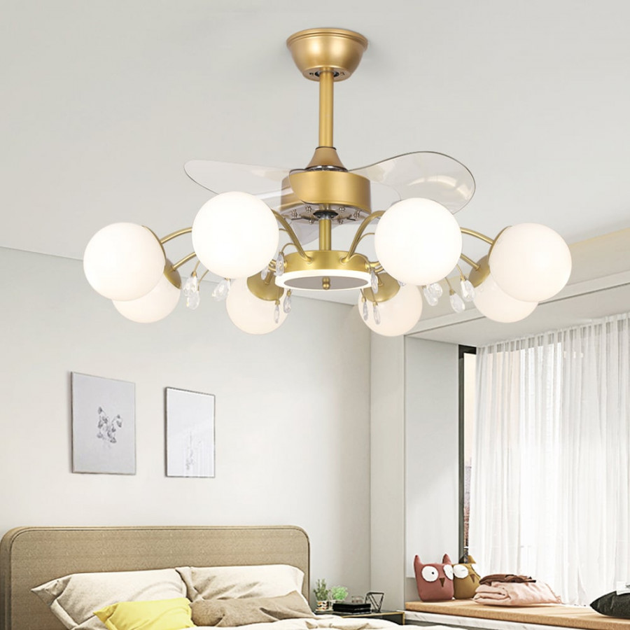 HMR - 9-Light Gold Chandelier Bladeless Ceiling Fans with Light in Glass Shade Remote Control