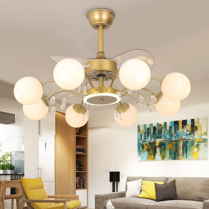HMR - 9-Light Gold Chandelier Bladeless Ceiling Fans with Light in Glass Shade Remote Control