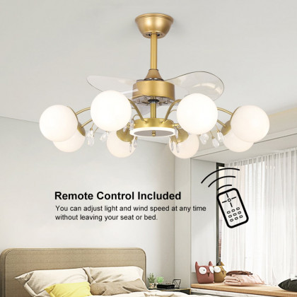 HMR - 9-Light Gold Chandelier Bladeless Ceiling Fans with Light in Glass Shade Remote Control