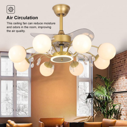 HMR - 9-Light Gold Chandelier Bladeless Ceiling Fans with Light in Glass Shade Remote Control