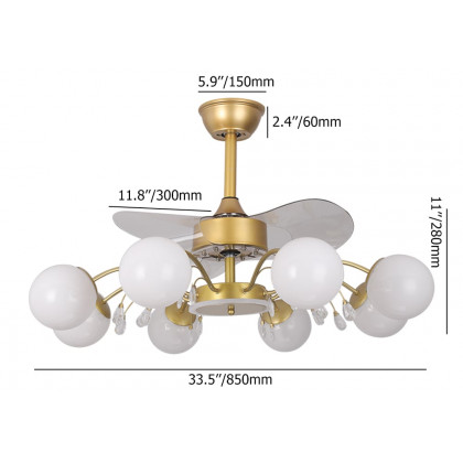 HMR - 9-Light Gold Chandelier Bladeless Ceiling Fans with Light in Glass Shade Remote Control