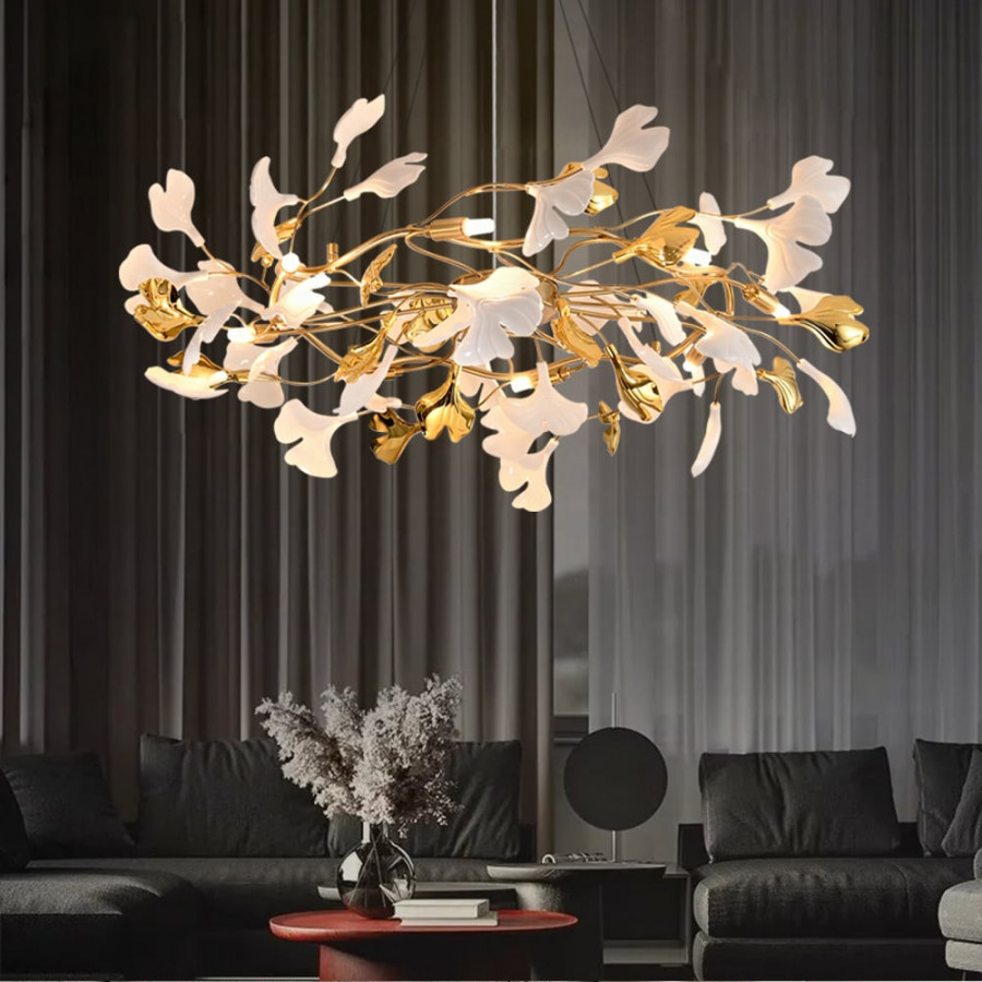 HMR - Martly 8-Light Art Deco Ginkgo Leaves Chandelier White & Gold Metal Ceiling Light