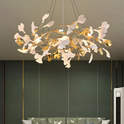 HMR - Martly 8-Light Art Deco Ginkgo Leaves Chandelier White & Gold Metal Ceiling Light
