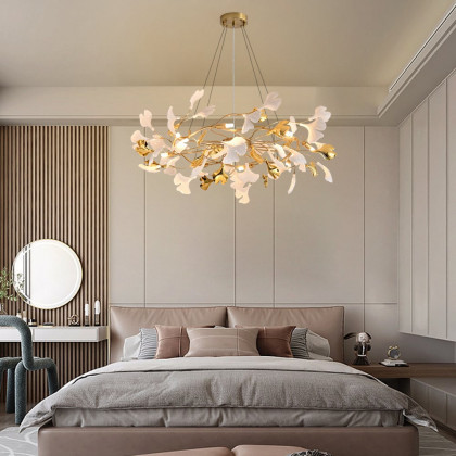 HMR - Martly 8-Light Art Deco Ginkgo Leaves Chandelier White & Gold Metal Ceiling Light