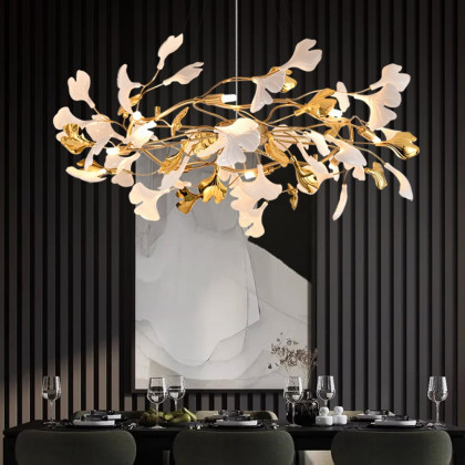 HMR - Martly 8-Light Art Deco Ginkgo Leaves Chandelier White & Gold Metal Ceiling Light