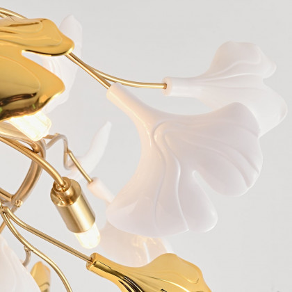 HMR - Martly 8-Light Art Deco Ginkgo Leaves Chandelier White & Gold Metal Ceiling Light