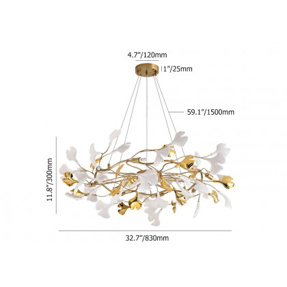 HMR - Martly 8-Light Art Deco Ginkgo Leaves Chandelier White & Gold Metal Ceiling Light