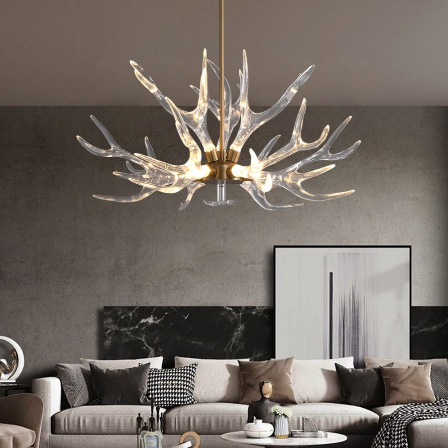 HMR - 9-Light Resin Deer Horn Antler Ceiling Chandelier Lighting in Gold