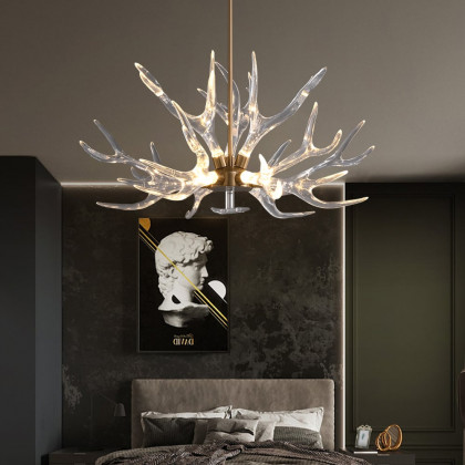 HMR - 9-Light Resin Deer Horn Antler Ceiling Chandelier Lighting in Gold
