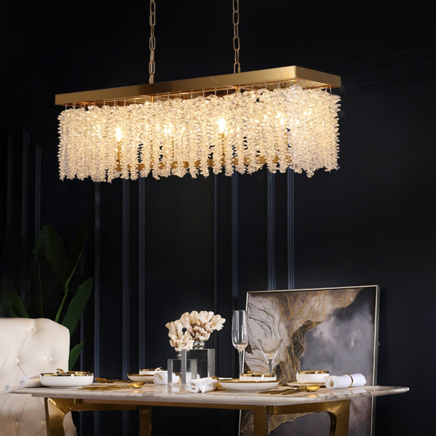 HMR - 4-Light Modern Rectangle Crystal Chandelier Gold Pendant Light Kitchen Dining Room