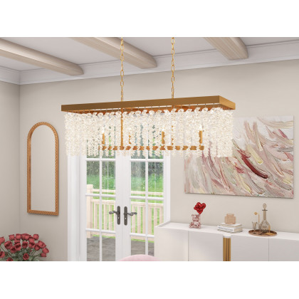 HMR - 4-Light Modern Rectangle Crystal Chandelier Gold Pendant Light Kitchen Dining Room