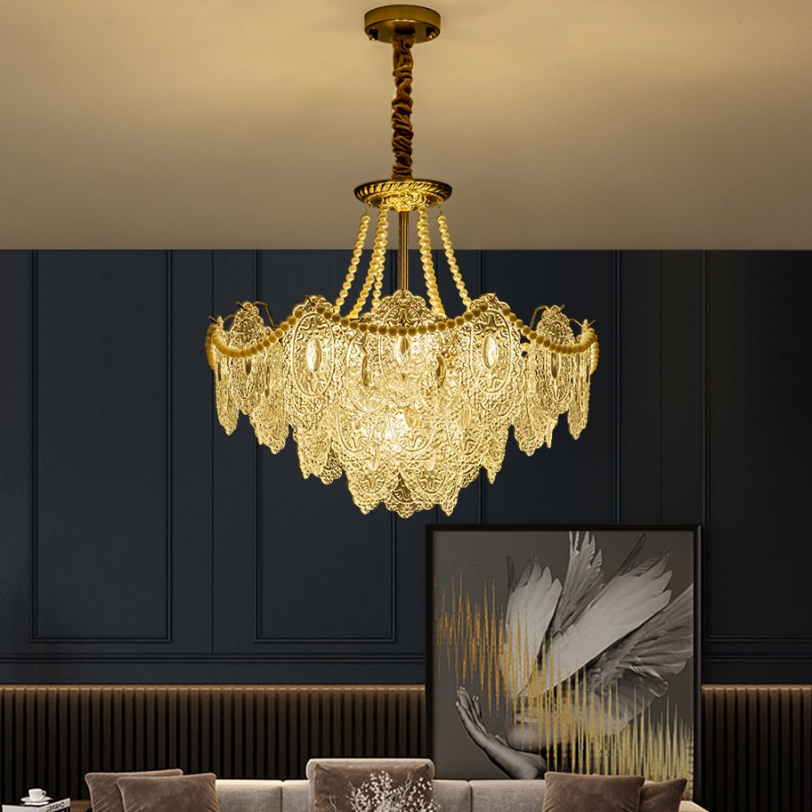 HMR - Art Deco 9-Light Tiered Glass Gold Chandelier Pearl Pendant Ceiling Light for Livingroom