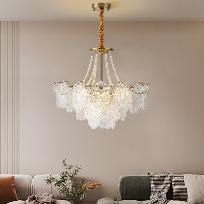 HMR - Art Deco 9-Light Tiered Glass Gold Chandelier Pearl Pendant Ceiling Light for Livingroom