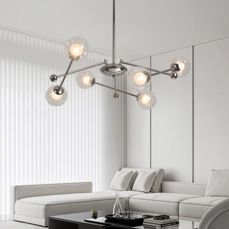 HMR - 6-Light Silver Sputnik Warm Light Chandelier Clear Glass Globe Ceiling Light