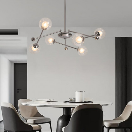 HMR - 6-Light Silver Sputnik Warm Light Chandelier Clear Glass Globe Ceiling Light