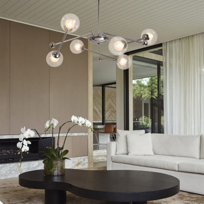 HMR - 6-Light Silver Sputnik Warm Light Chandelier Clear Glass Globe Ceiling Light