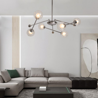 HMR - 6-Light Silver Sputnik Warm Light Chandelier Clear Glass Globe Ceiling Light