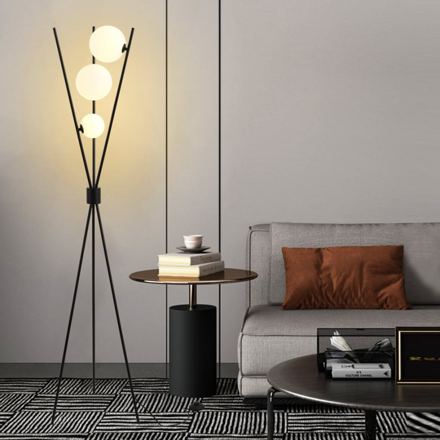 HMR - 3-Light Black Modern Tripod Floor Lamp Bedroom Bedside Standing Light with Glass Shade