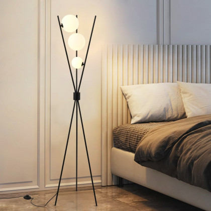 HMR - 3-Light Black Modern Tripod Floor Lamp Bedroom Bedside Standing Light with Glass Shade