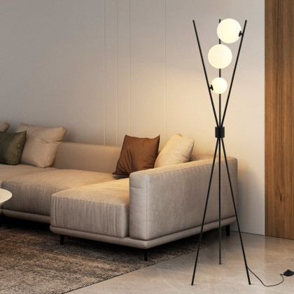 HMR - 3-Light Black Modern Tripod Floor Lamp Bedroom Bedside Standing Light with Glass Shade