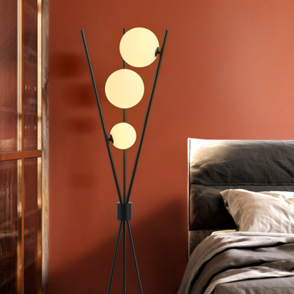 HMR - 3-Light Black Modern Tripod Floor Lamp Bedroom Bedside Standing Light with Glass Shade