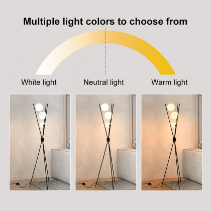 HMR - 3-Light Black Modern Tripod Floor Lamp Bedroom Bedside Standing Light with Glass Shade
