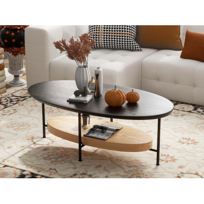HMR Modern Oval Coffee Table with Storage Shelf - Black/Natural