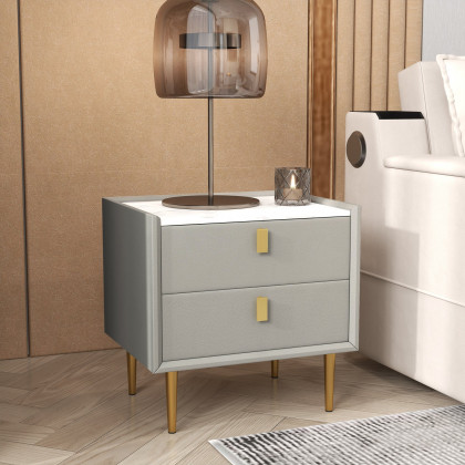 HMR Modern 2-Drawer Nightstand - Light Gray, Leather