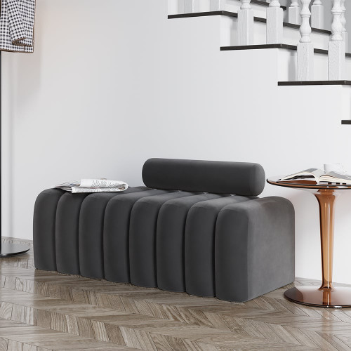 HMR Modern Line Tufted Entryway Bench Upholstered Bench with Round Back - Gray